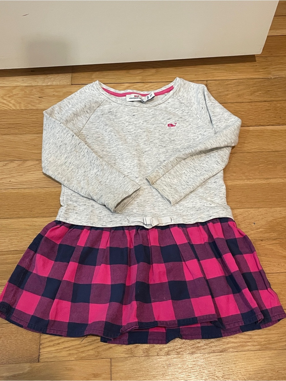 Vineyard Vines Girls Gray Top with Pink Navy Plaid Skirt Dress